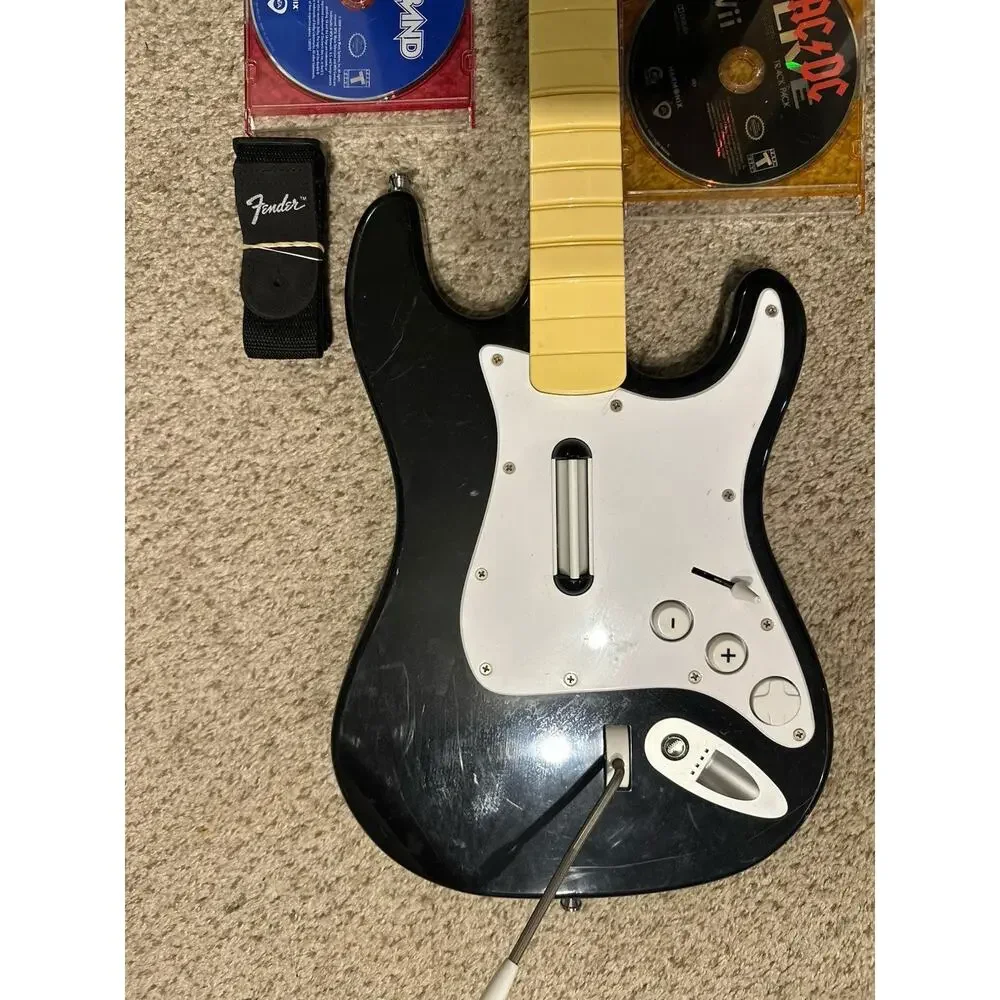 Nintendo Wii Rock Band Guitar w Dongle Strap 2 Games RockBand Lego AC/DC Tested